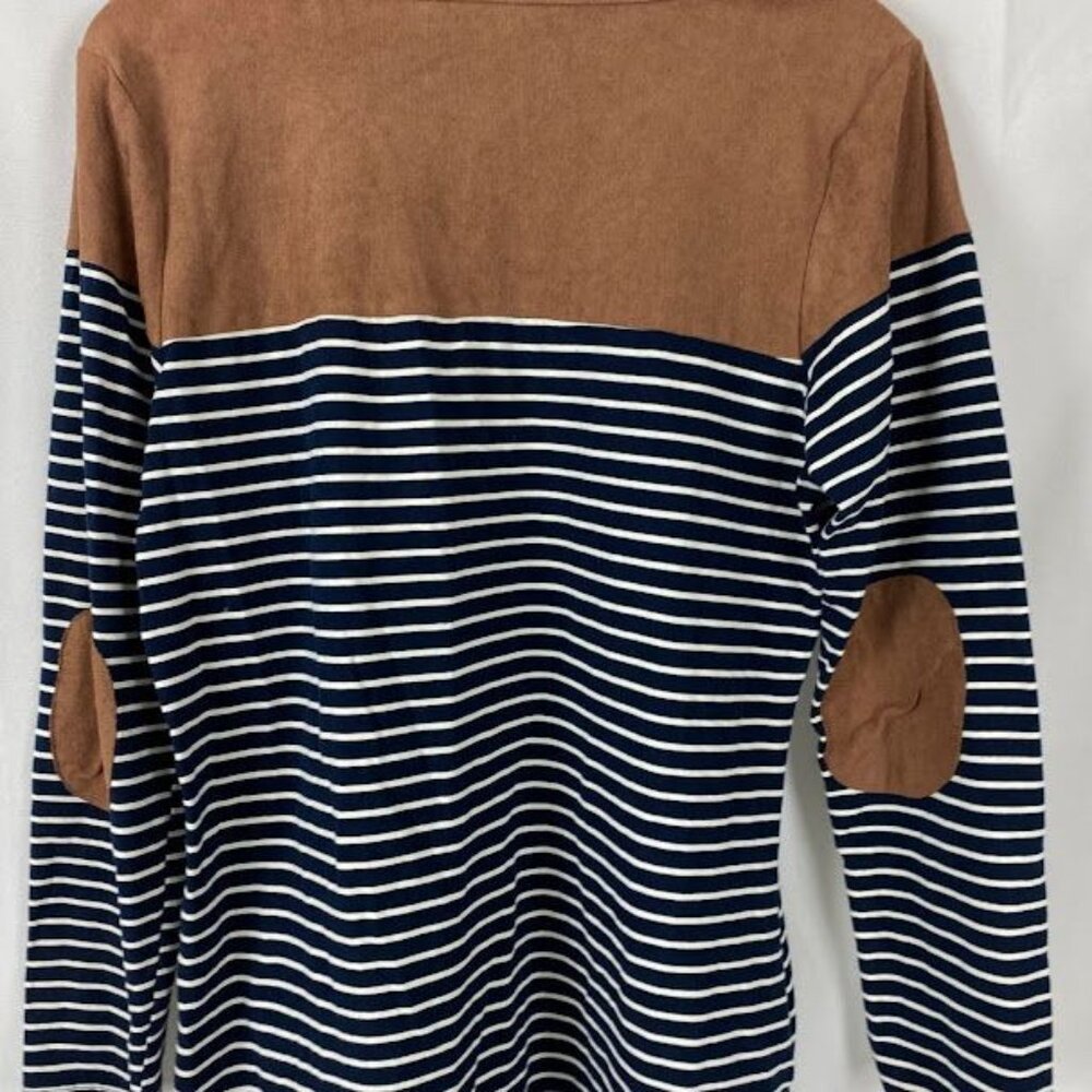 Umgee Preppy Striped Long Sleeve Suede Accent Knee Length T-Shirt Dress Sz Med. - Picture 8 of 16
